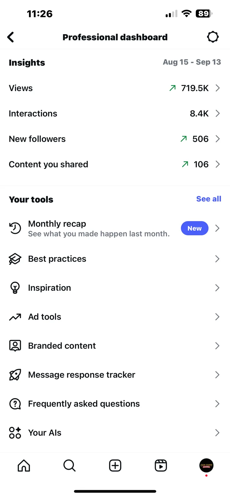 Instagram professional dashboard showing 719.5 thousand views in 30 days
